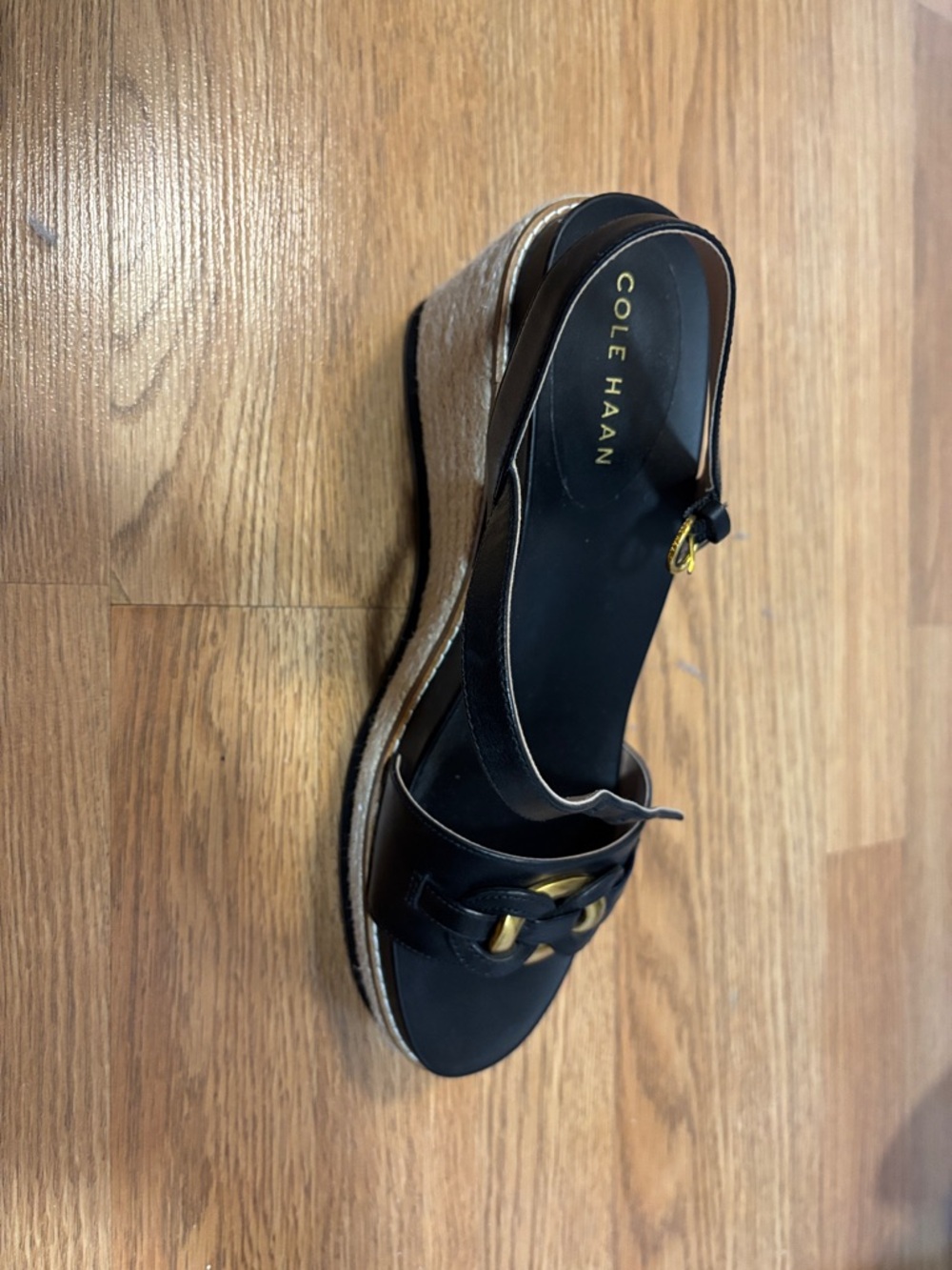 Cole Haan Black Leather Espadrille Wedge Sandals with Gold Accent
